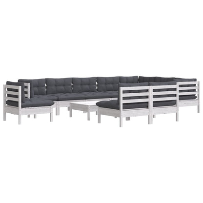 Set Divani da Giardino 11 pz con Cuscini Bianchi Legno di Pino