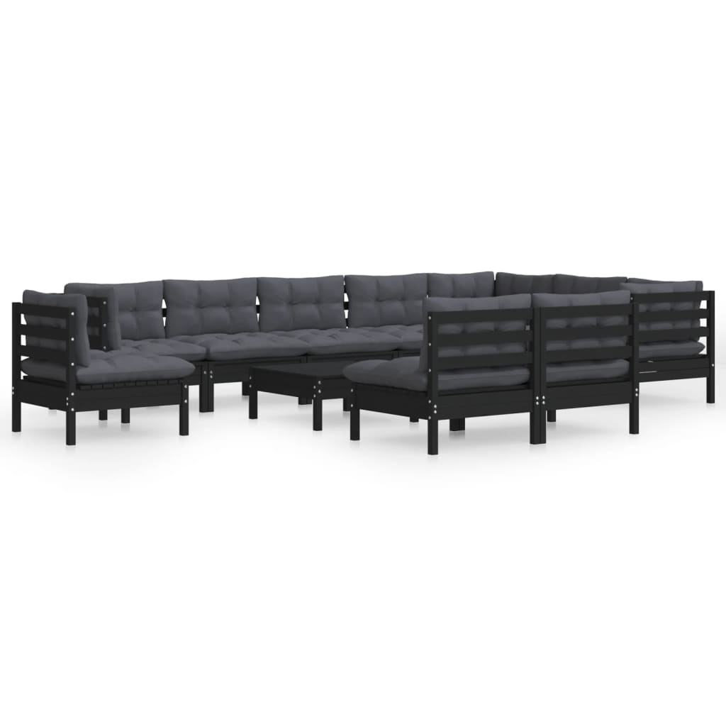 Set Divani da Giardino 11 pz con Cuscini Neri in Legno di Pino