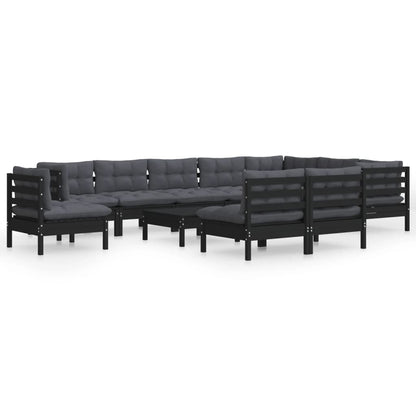 Set Divani da Giardino 11 pz con Cuscini Neri in Legno di Pino