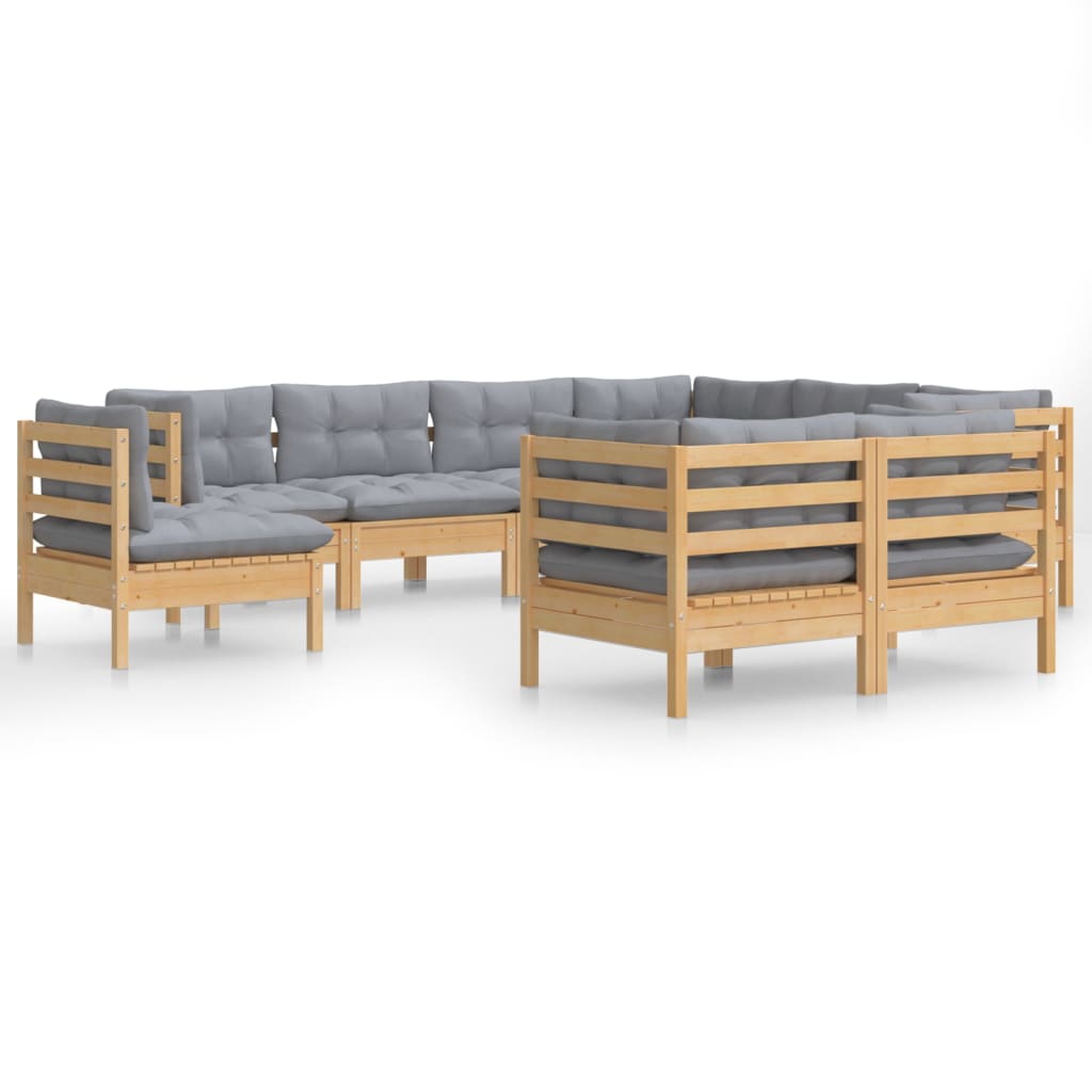 Set Divani da Giardino 9 pz con Cuscini Grigi Massello di Pino