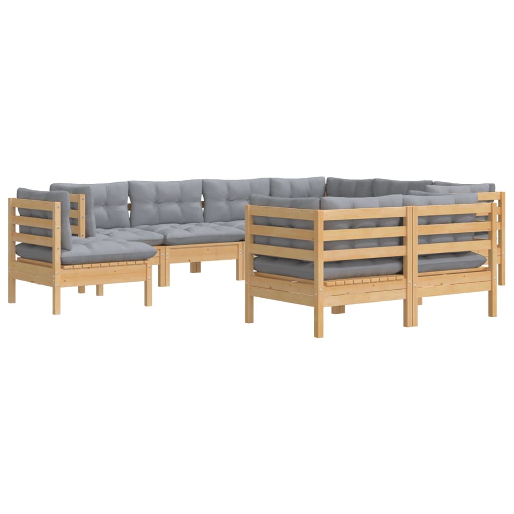 Set Divani da Giardino 9 pz con Cuscini Grigi Massello di Pino