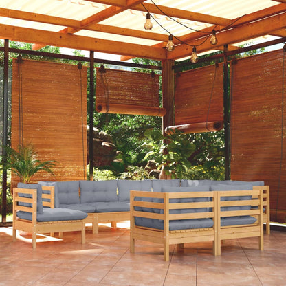 Set Divani da Giardino 9 pz con Cuscini Grigi Massello di Pino