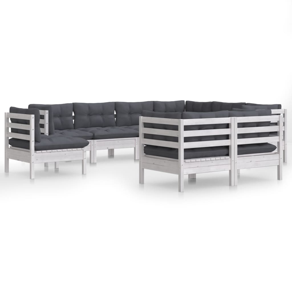Set Divani da Giardino 9 pz con Cuscini Bianchi Legno di Pino