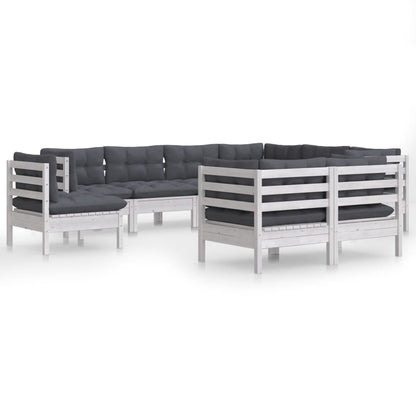 Set Divani da Giardino 9 pz con Cuscini Bianchi Legno di Pino