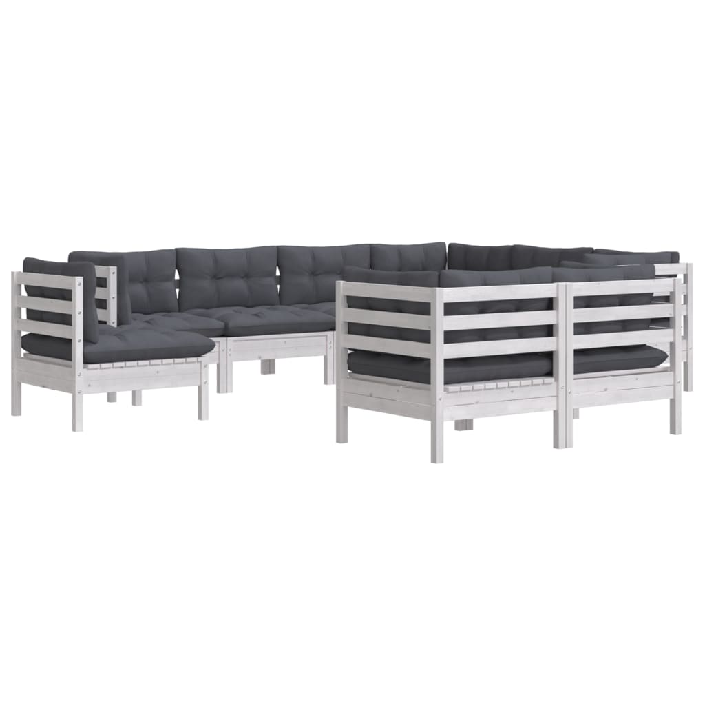Set Divani da Giardino 9 pz con Cuscini Bianchi Legno di Pino