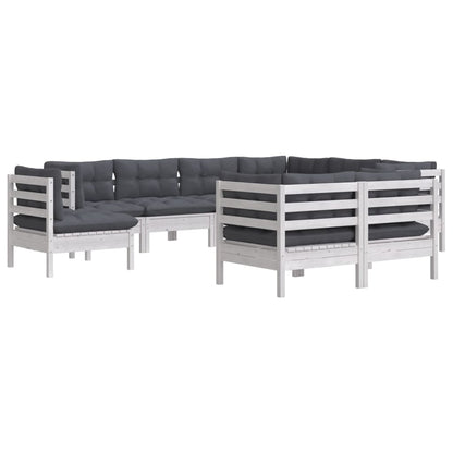 Set Divani da Giardino 9 pz con Cuscini Bianchi Legno di Pino