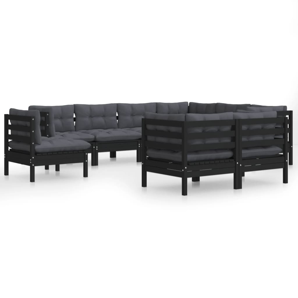 Set Divani da Giardino 9 pz con Cuscini Neri Massello di Pino