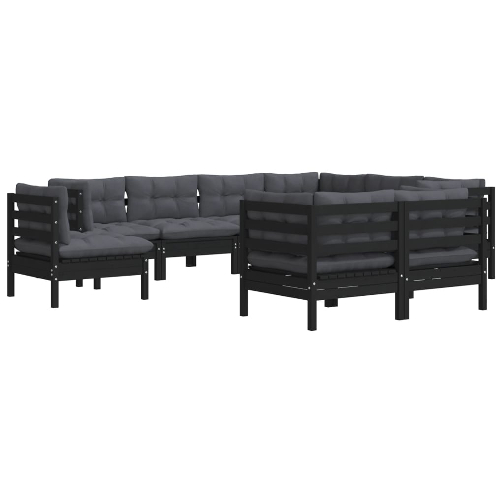 Set Divani da Giardino 9 pz con Cuscini Neri Massello di Pino