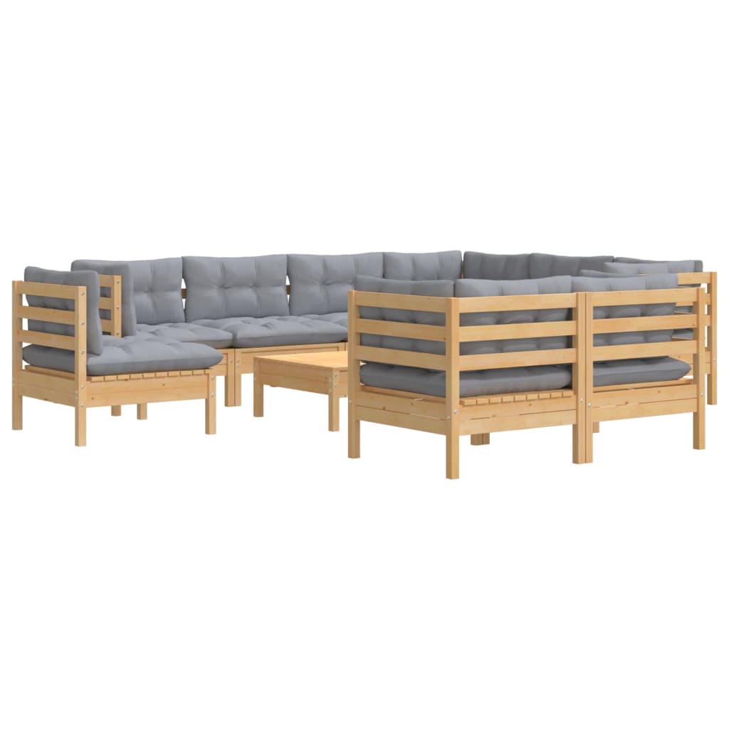 Set Divani da Giardino 10 pz con Cuscini Grigi Massello di Pino