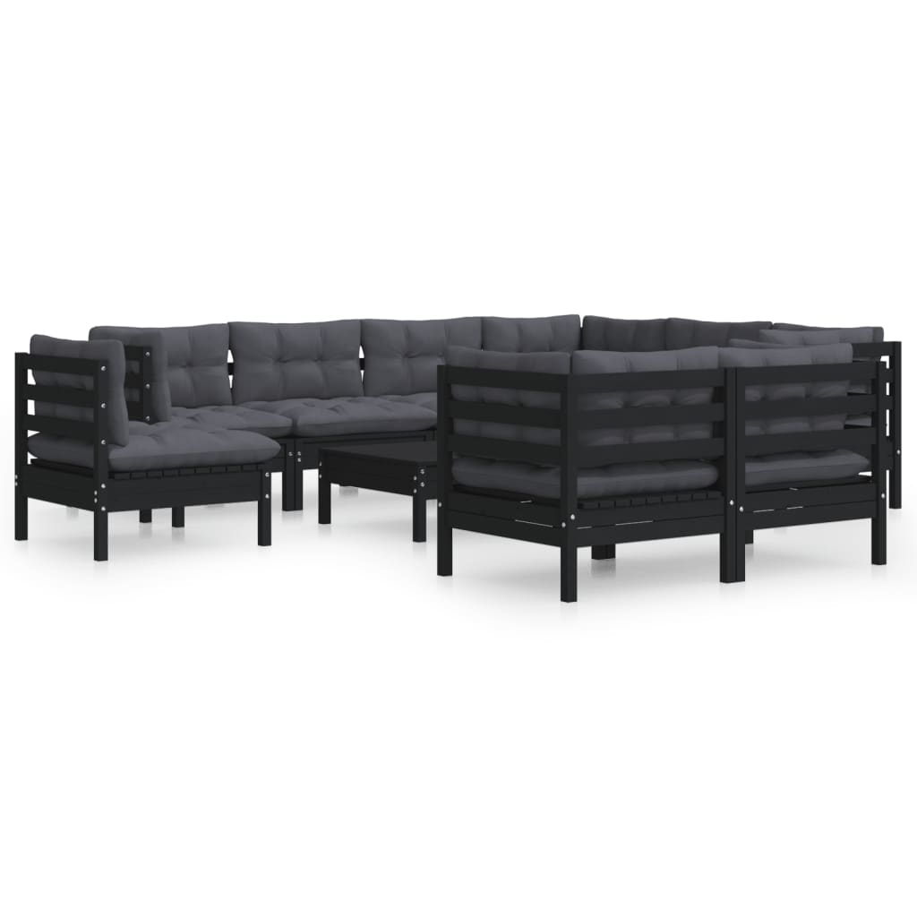 Set Divani da Giardino 10 pz con Cuscini Neri Legno di Pino