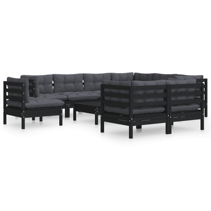 Set Divani da Giardino 10 pz con Cuscini Neri Legno di Pino