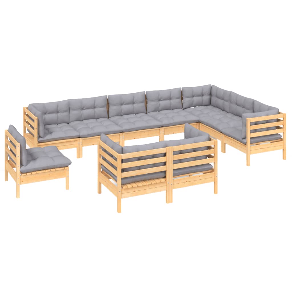 Set Divani da Giardino 10 pz con Cuscini Grigi Massello di Pino