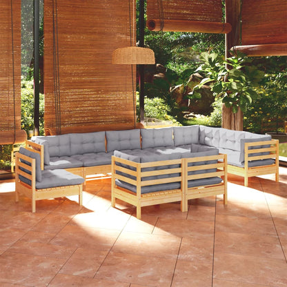 Set Divani da Giardino 10 pz con Cuscini Grigi Massello di Pino