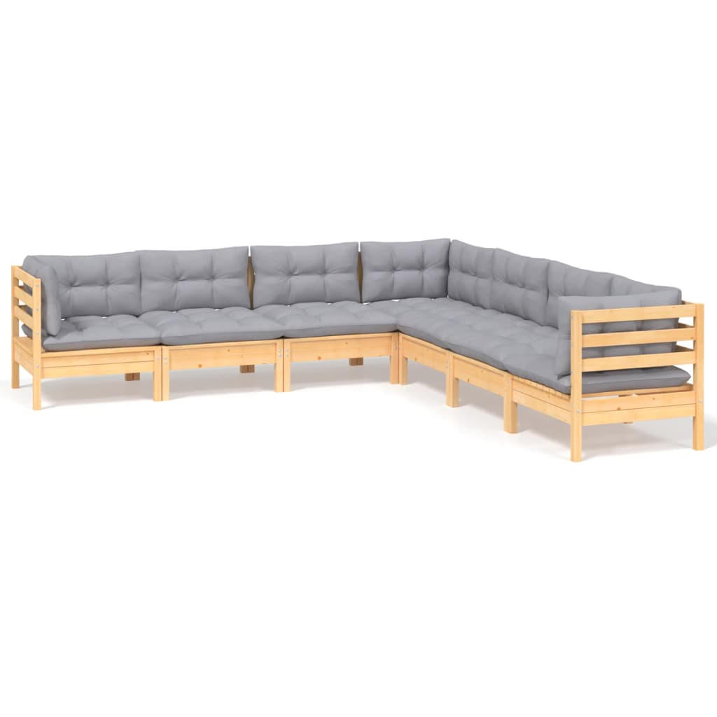 Set Divani da Giardino 7 pz con Cuscini Grigi Massello di Pino