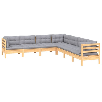 Set Divani da Giardino 7 pz con Cuscini Grigi Massello di Pino