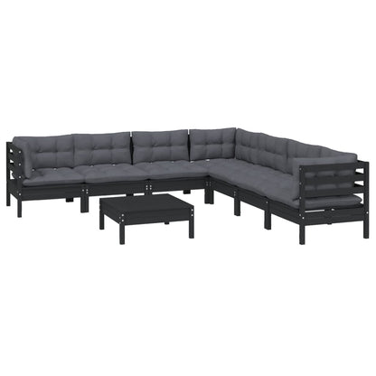 Set Divani da Giardino 8 pz con Cuscini Neri Legno di Pino