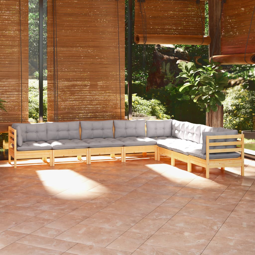 Set Divani da Giardino 8 pz con Cuscini Grigi Massello di Pino