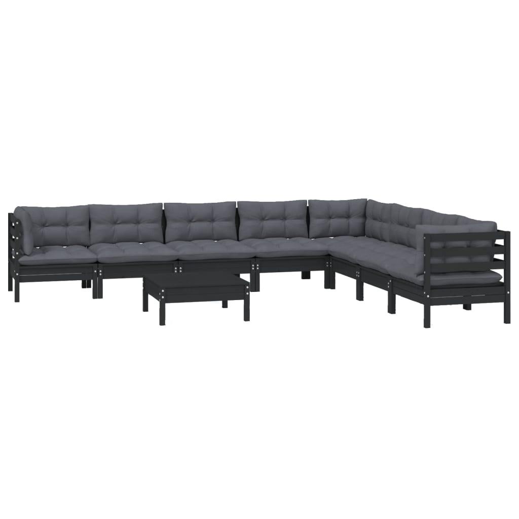 Set Divani da Giardino 9 pz con Cuscini Neri in Legno di Pino