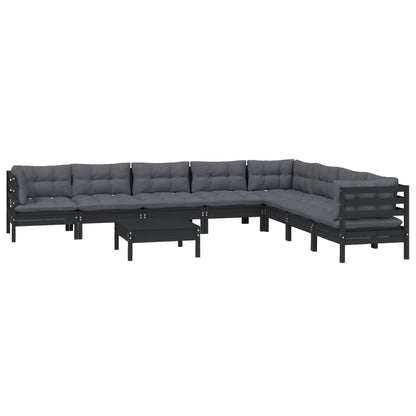 Set Divani da Giardino 9 pz con Cuscini Neri in Legno di Pino