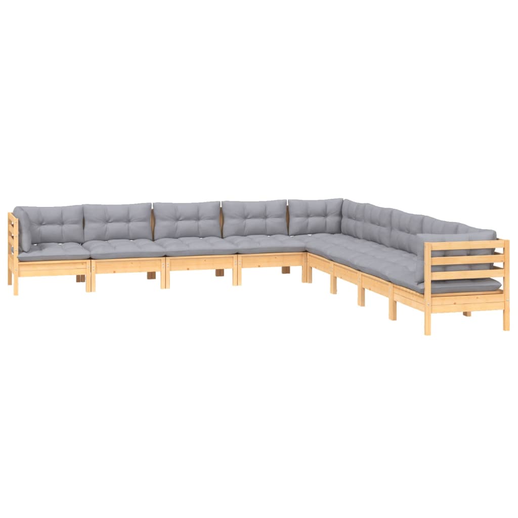 Set Divani da Giardino 9 pz con Cuscini Grigi Massello di Pino