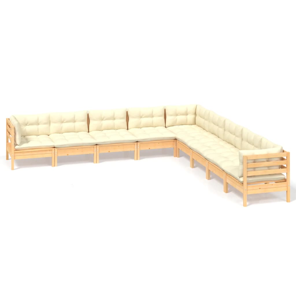 Set Divani da Giardino 9 pz con Cuscini Crema Massello di Pino