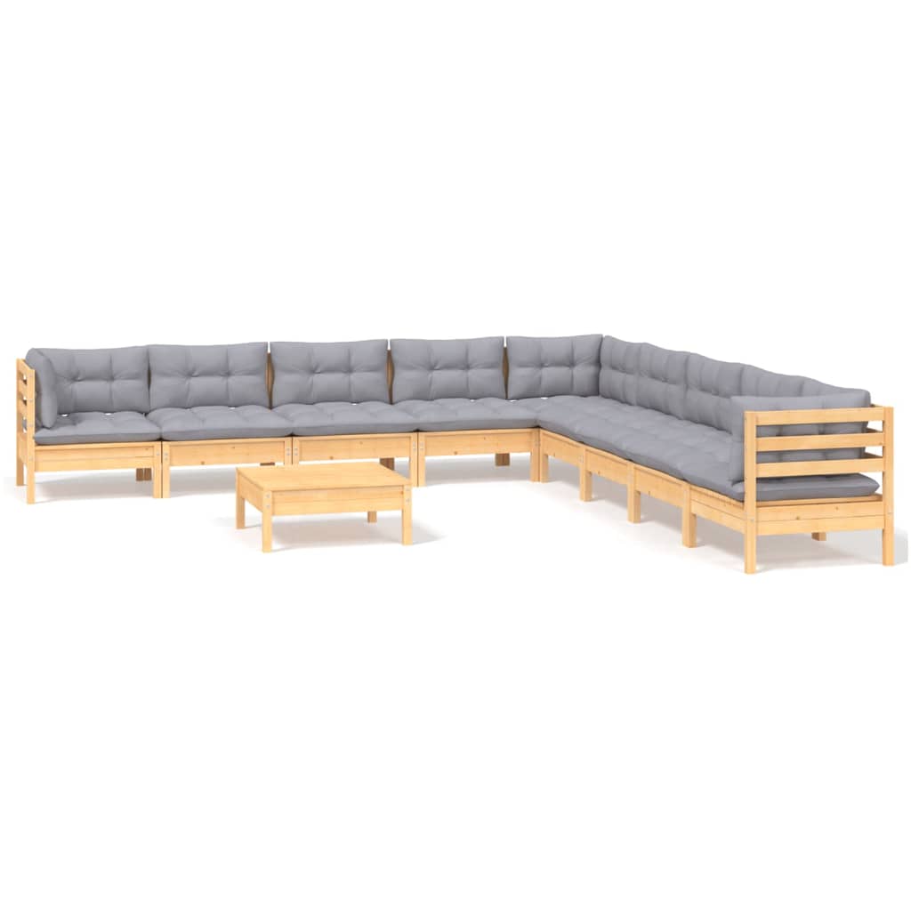 Set Divani da Giardino 10 pz con Cuscini Grigi Massello di Pino
