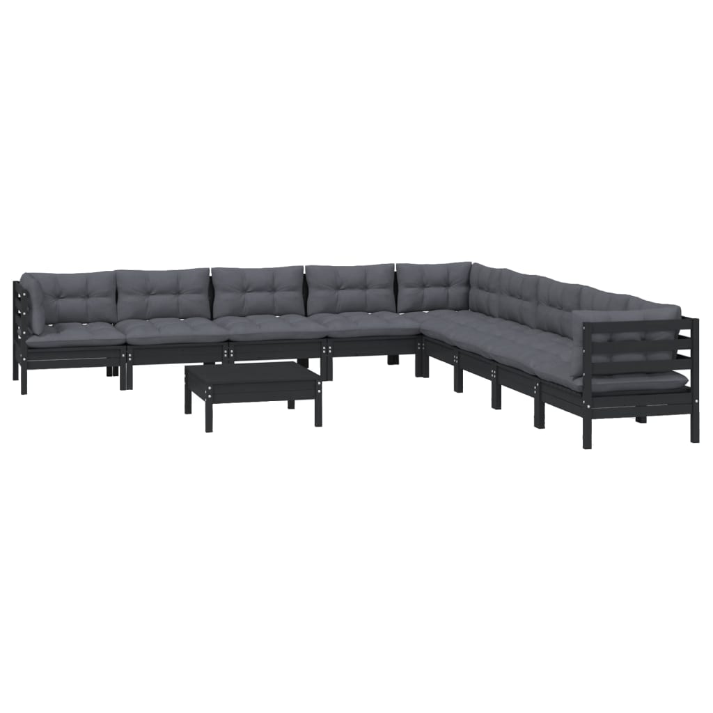 Set Divani da Giardino 10 pz con Cuscini Neri Legno di Pino