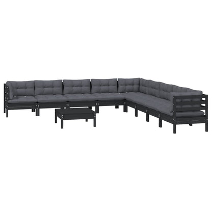 Set Divani da Giardino 10 pz con Cuscini Neri Legno di Pino