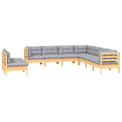 Set Divani da Giardino 9 pz con Cuscini Grigi Massello di Pino