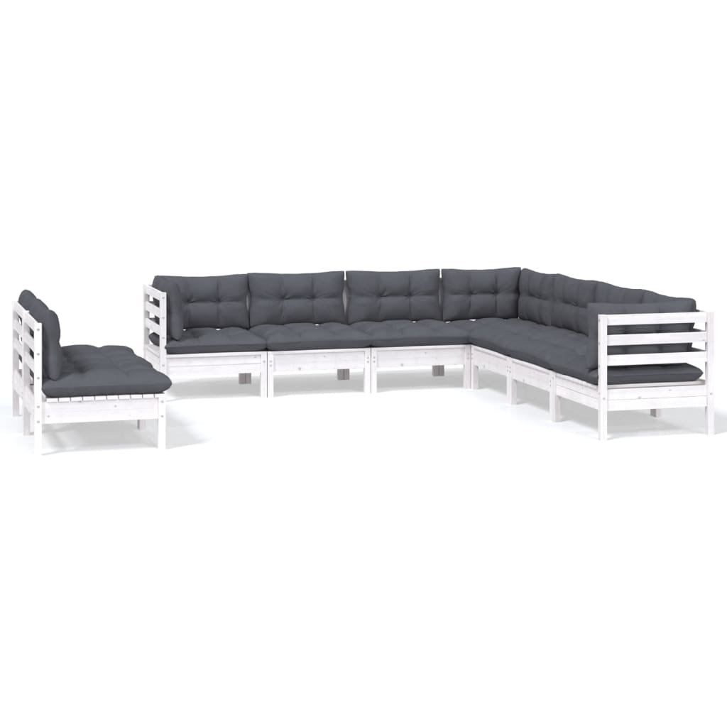 Set Divani da Giardino 9 pz con Cuscini Bianchi Legno di Pino