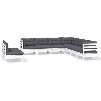 Set Divani da Giardino 9 pz con Cuscini Bianchi Legno di Pino