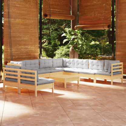 Set Divani da Giardino 10 pz con Cuscini Grigi Massello di Pino
