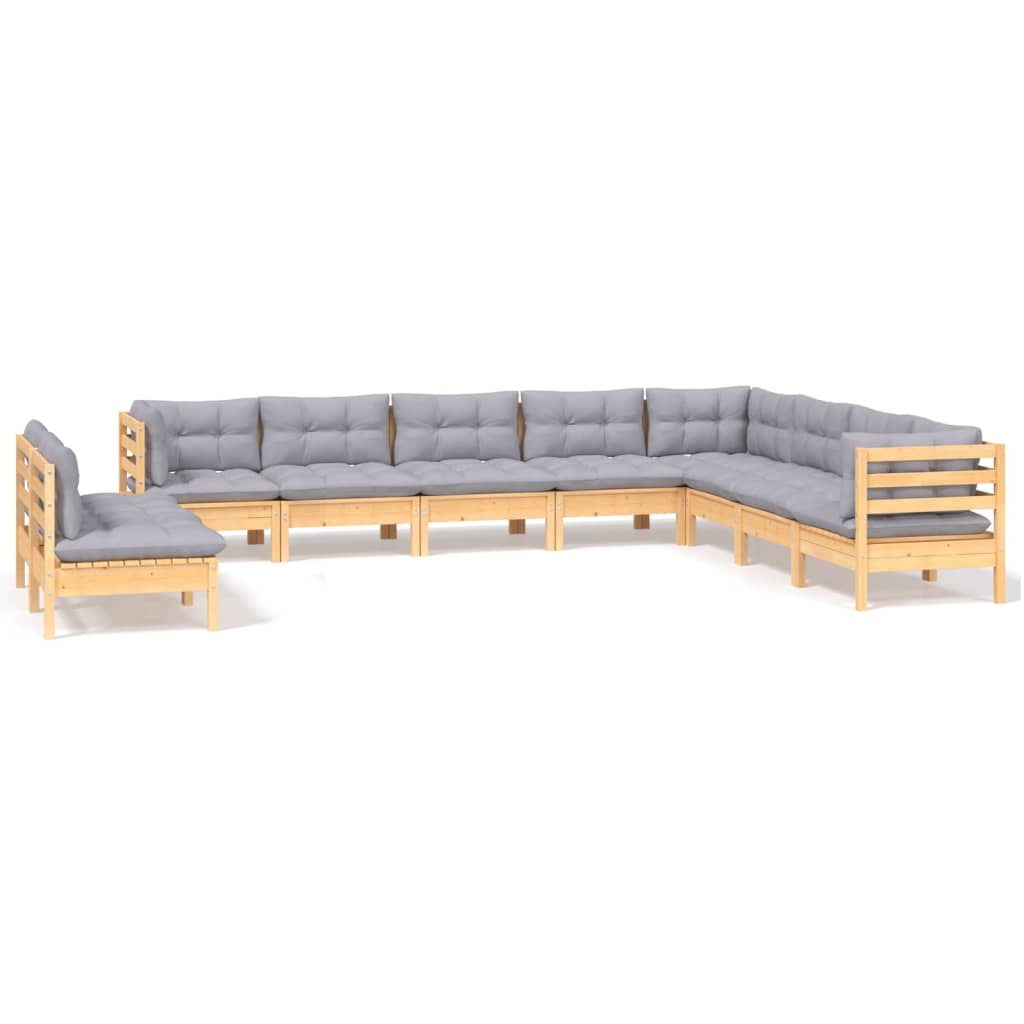 Set Divani da Giardino 10 pz con Cuscini Grigi Massello di Pino