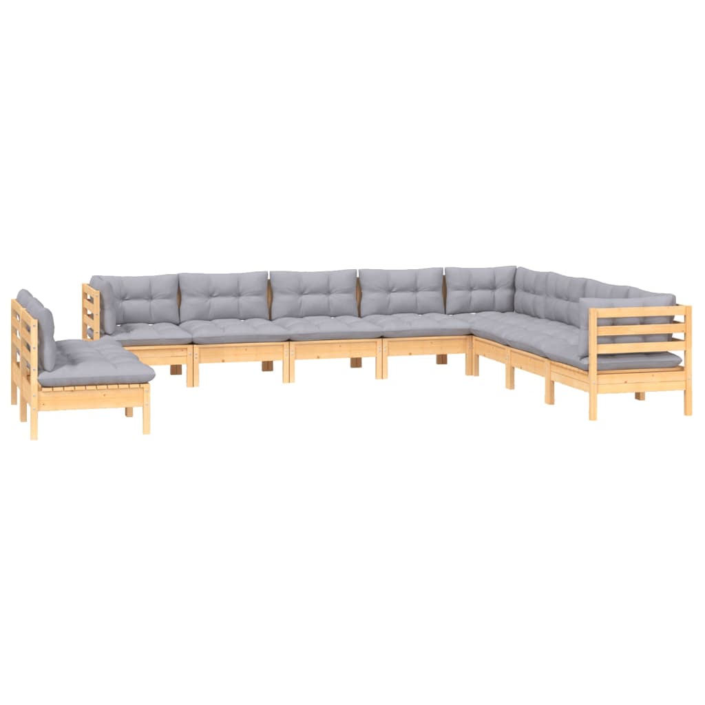 Set Divani da Giardino 10 pz con Cuscini Grigi Massello di Pino