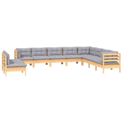 Set Divani da Giardino 10 pz con Cuscini Grigi Massello di Pino