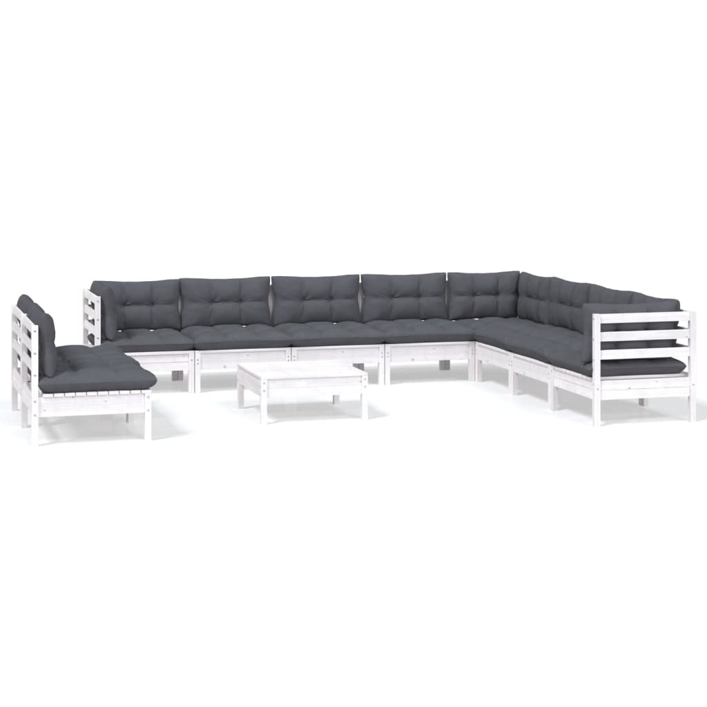 Set Divani da Giardino 11 pz con Cuscini Bianchi Legno di Pino