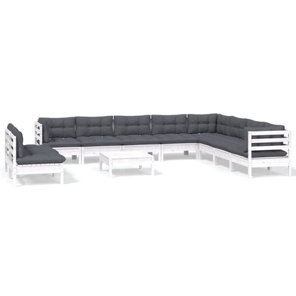 Set Divani da Giardino 11 pz con Cuscini Bianchi Legno di Pino