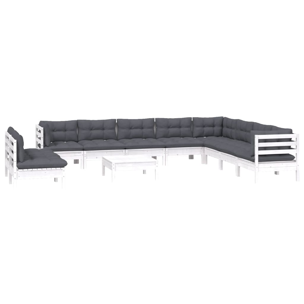 Set Divani da Giardino 11 pz con Cuscini Bianchi Legno di Pino