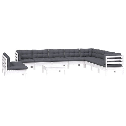 Set Divani da Giardino 11 pz con Cuscini Bianchi Legno di Pino