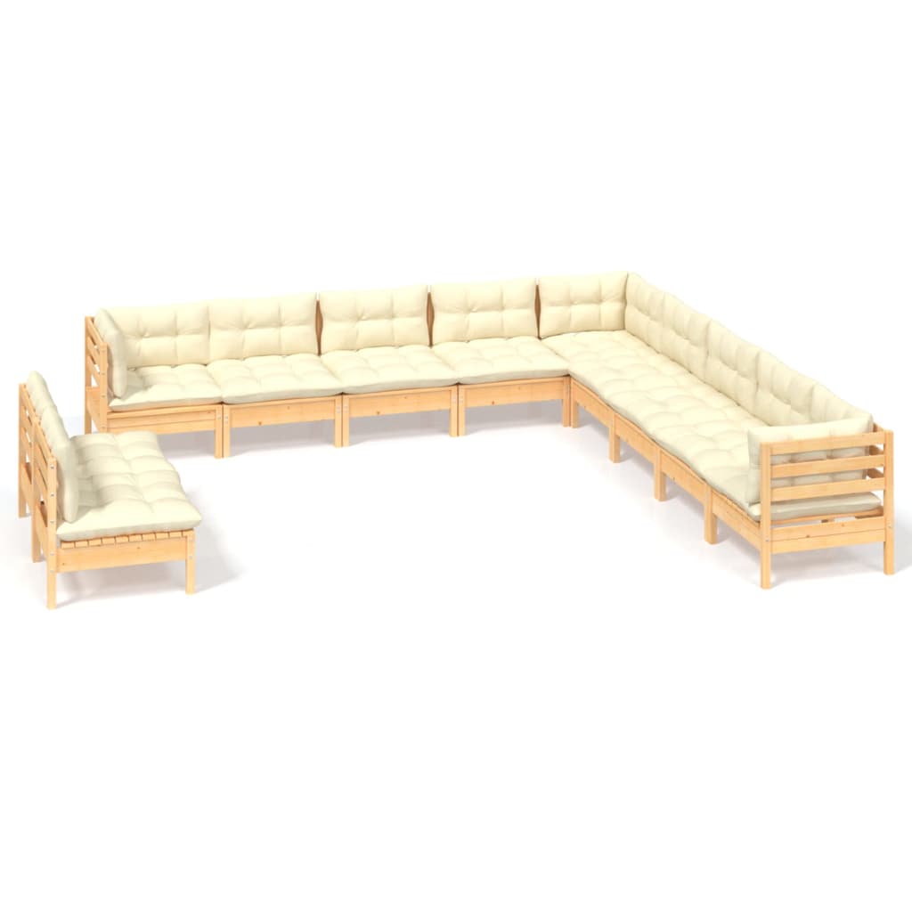 Set Divani da Giardino 11 pz con Cuscini Crema Massello di Pino