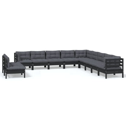 Set Divani da Giardino 11 pz con Cuscini Neri Massello di Pino