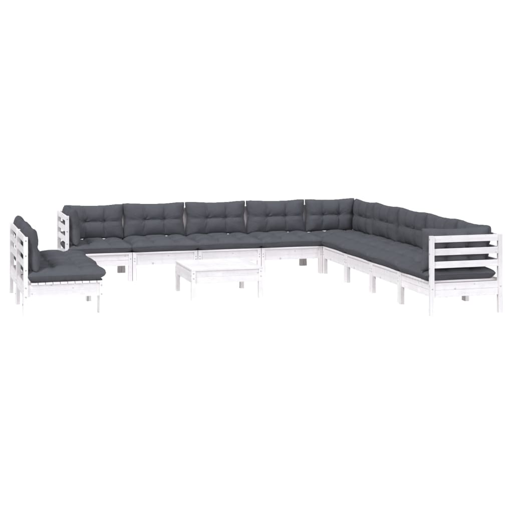 Set Divani da Giardino 12 pz con Cuscini Bianchi Legno di Pino