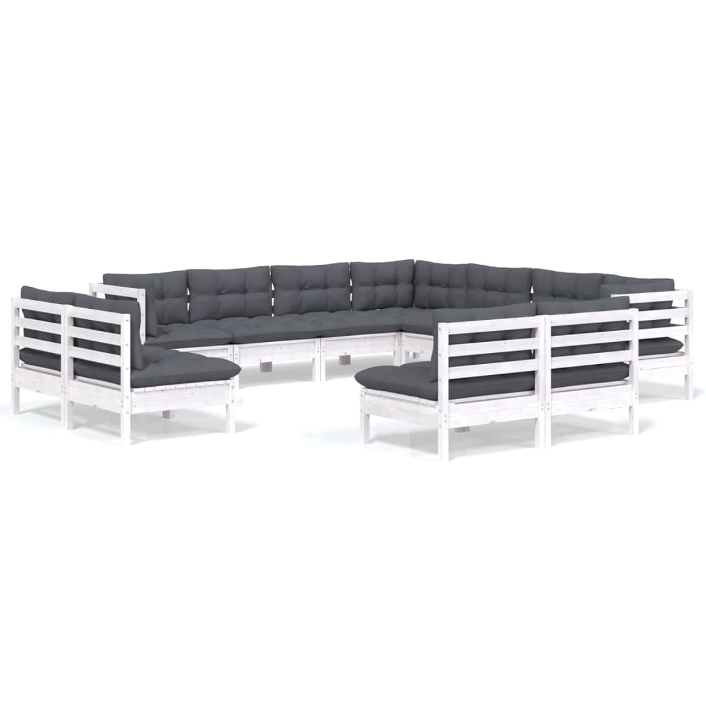 Set Divani da Giardino 11 pz con Cuscini Bianchi Legno di Pino
