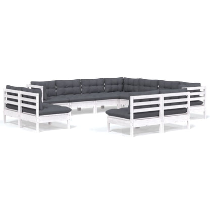 Set Divani da Giardino 11 pz con Cuscini Bianchi Legno di Pino