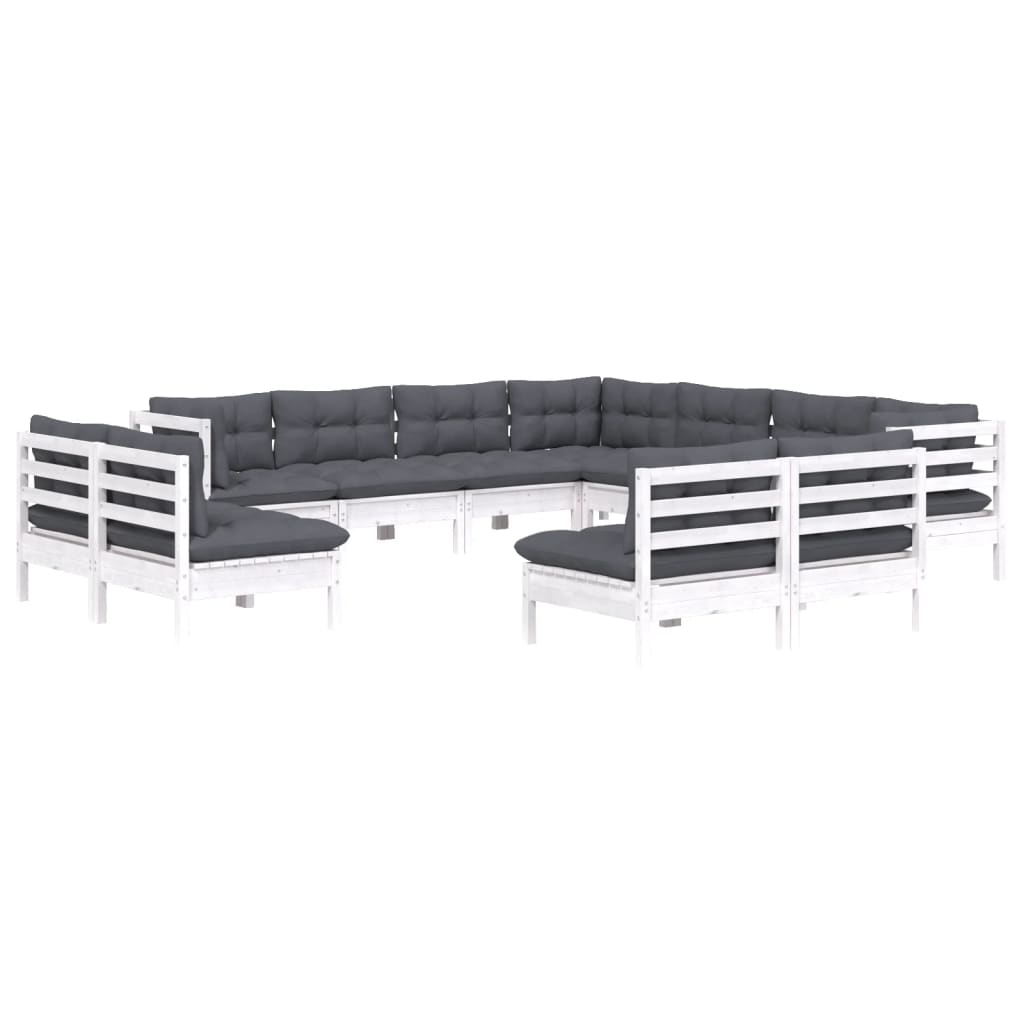 Set Divani da Giardino 11 pz con Cuscini Bianchi Legno di Pino