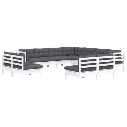 Set Divani da Giardino 11 pz con Cuscini Bianchi Legno di Pino