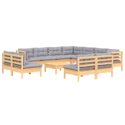 Set Divani da Giardino 12 pz con Cuscini Grigi Massello di Pino