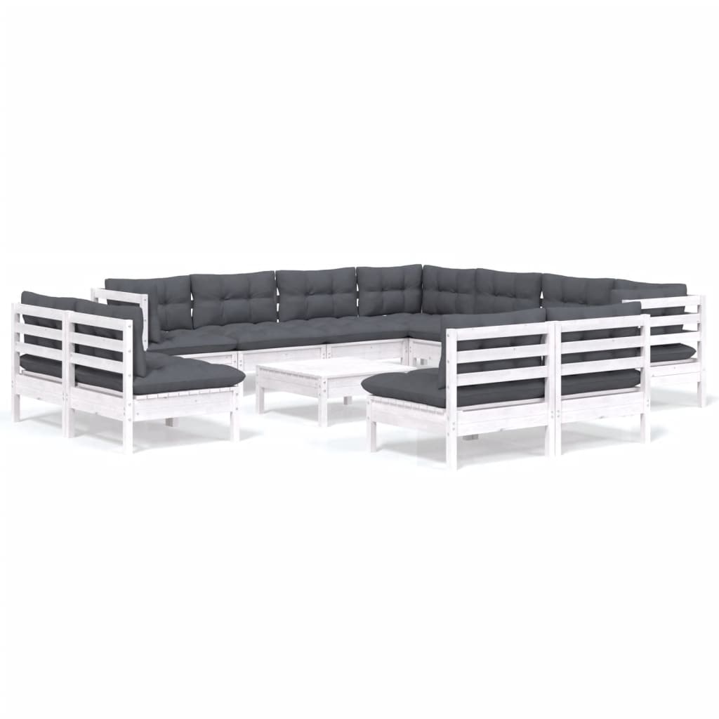 Set Divani da Giardino 12 pz con Cuscini Bianchi Legno di Pino