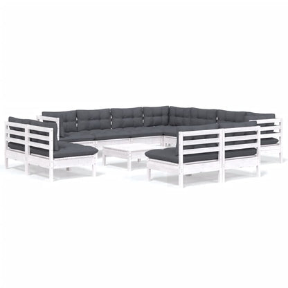 Set Divani da Giardino 12 pz con Cuscini Bianchi Legno di Pino