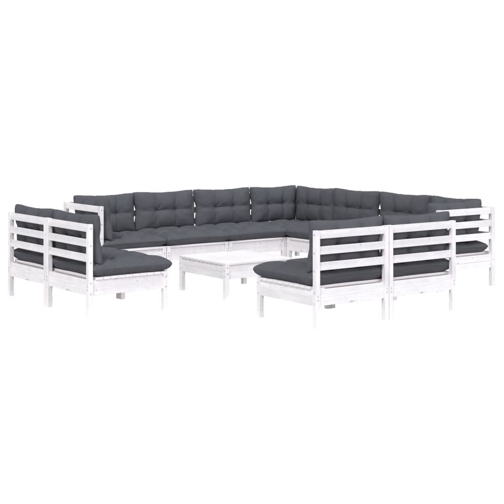 Set Divani da Giardino 12 pz con Cuscini Bianchi Legno di Pino